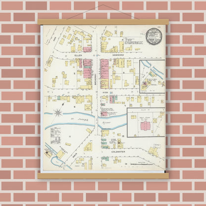 Old map wall art mockup — magnetic wood frame on brick wall — Sanborn Fire Insurance Map from Union City, Branch And Calhoun Counties, Michigan (1892), Sheet #0001