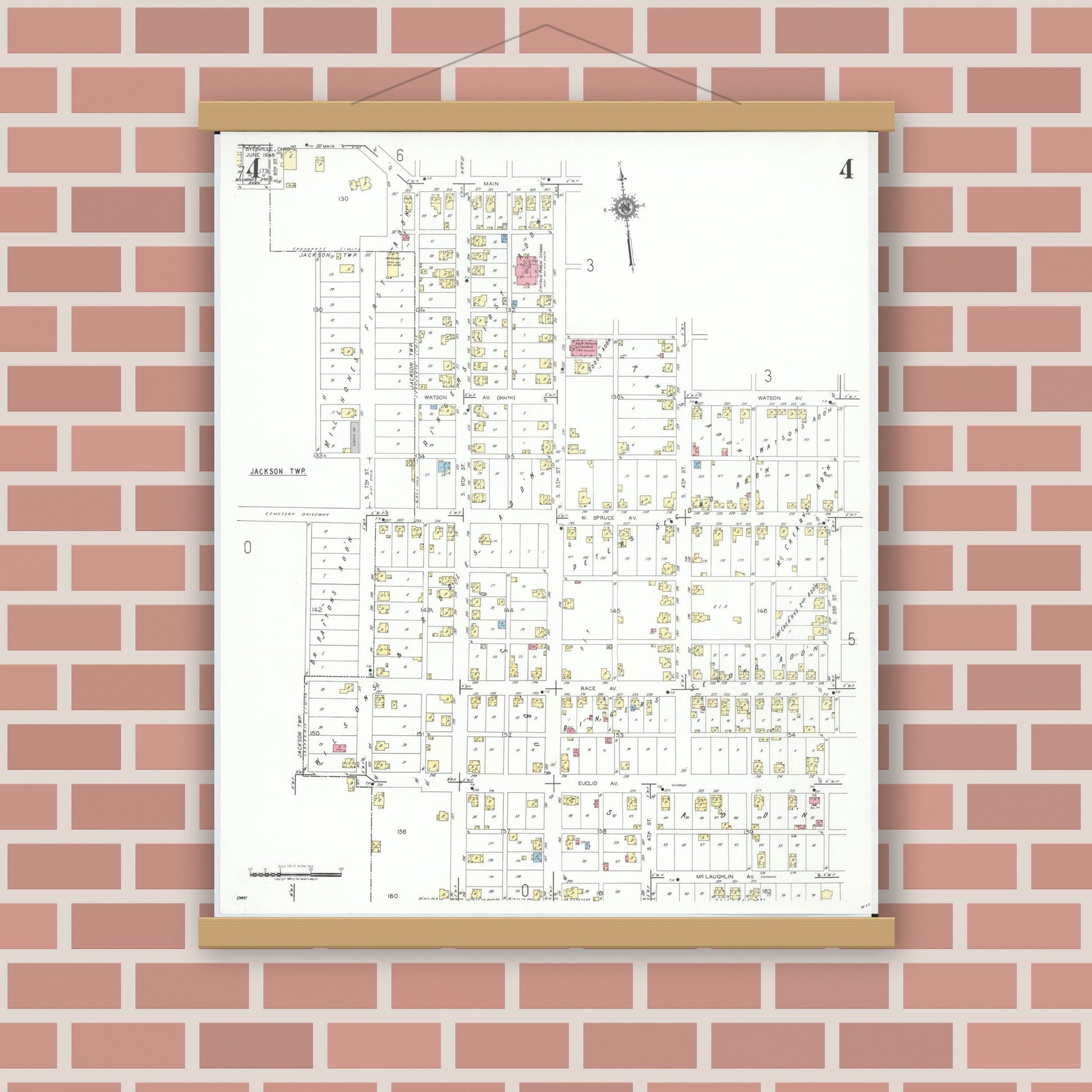 Old map wall art mockup — magnetic wood frame on brick wall — Sanborn Fire Insurance Map from Byesville, Guernsey County, Ohio (1948), Sheet #0004
