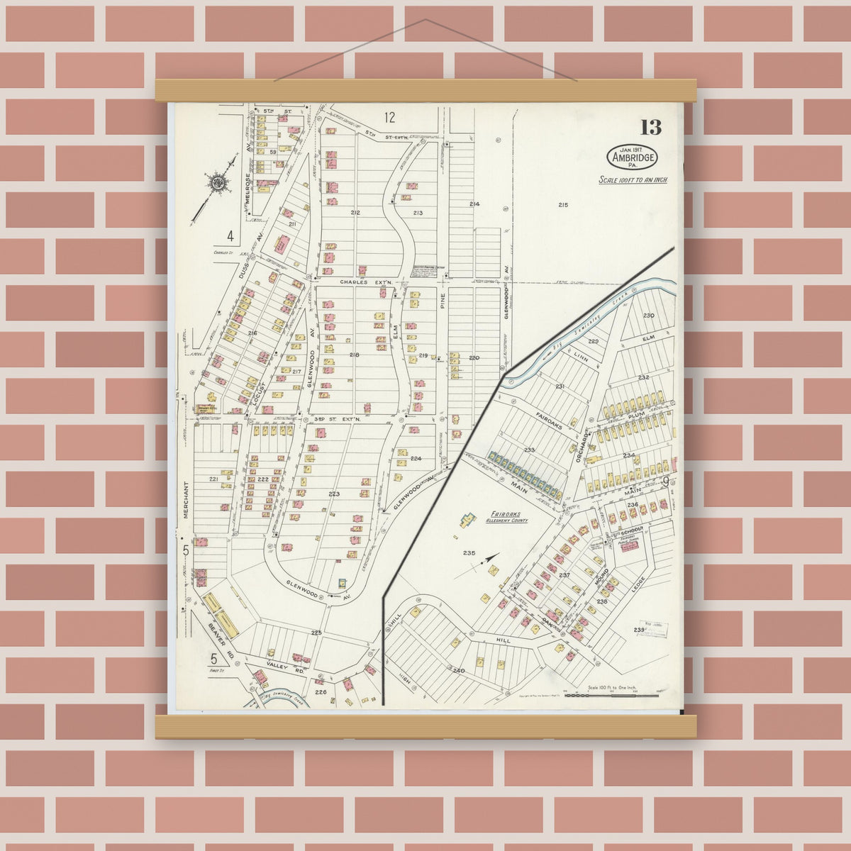 Old map wall art mockup — magnetic wood frame on brick wall — Sanborn Fire Insurance Map from Ambridge, Beaver County, Pennsylvania (1917), Sheet #0013