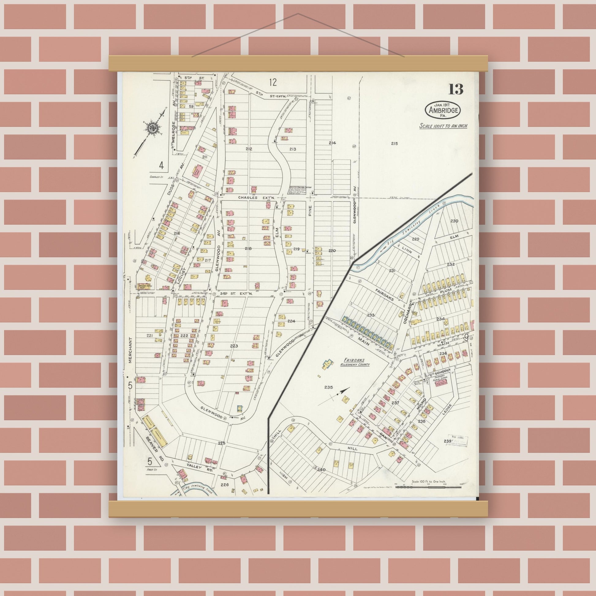 Old map wall art mockup — magnetic wood frame on brick wall — Sanborn Fire Insurance Map from Ambridge, Beaver County, Pennsylvania (1917), Sheet #0013