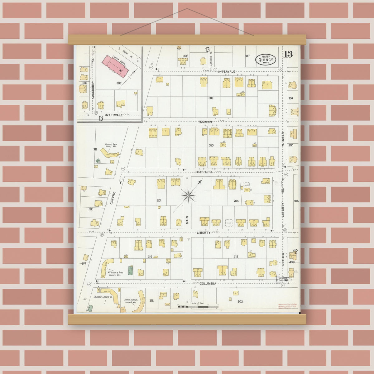 Old map wall art mockup — magnetic wood frame on brick wall — Sanborn Fire Insurance Map from Quincy, Norfolk County, Massachusetts (1901), Sheet #0013