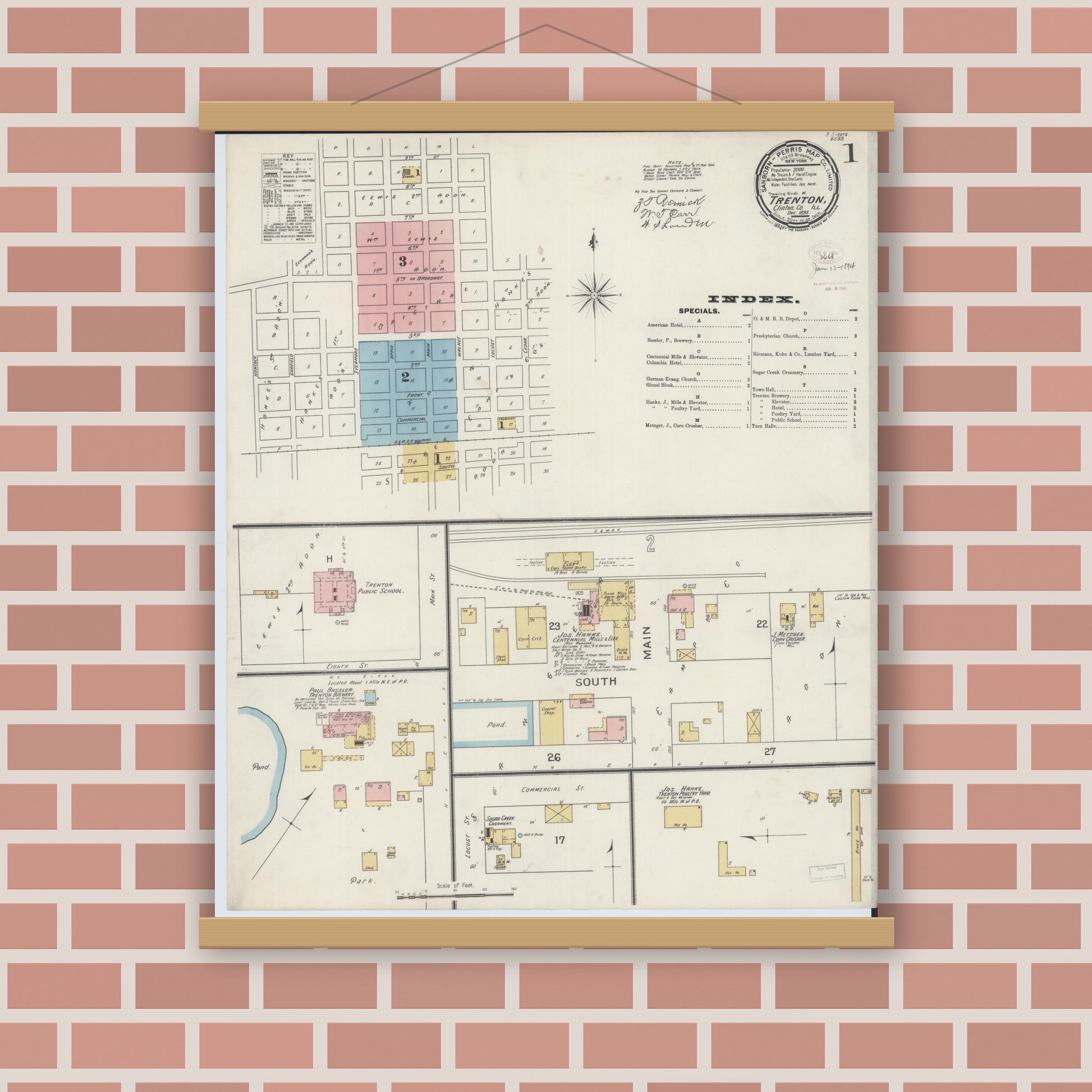 Old map wall art mockup — magnetic wood frame on brick wall — Sanborn Fire Insurance Map from Trenton, Clinton County, Illinois (1893) - Complete Map Set