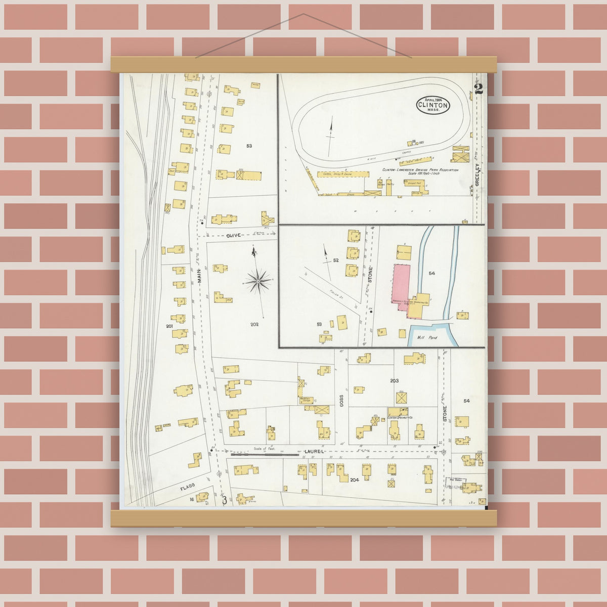 Old map wall art mockup — magnetic wood frame on brick wall — Sanborn Fire Insurance Map from Clinton, Worcester County, Massachusetts (1904), Sheet #0002