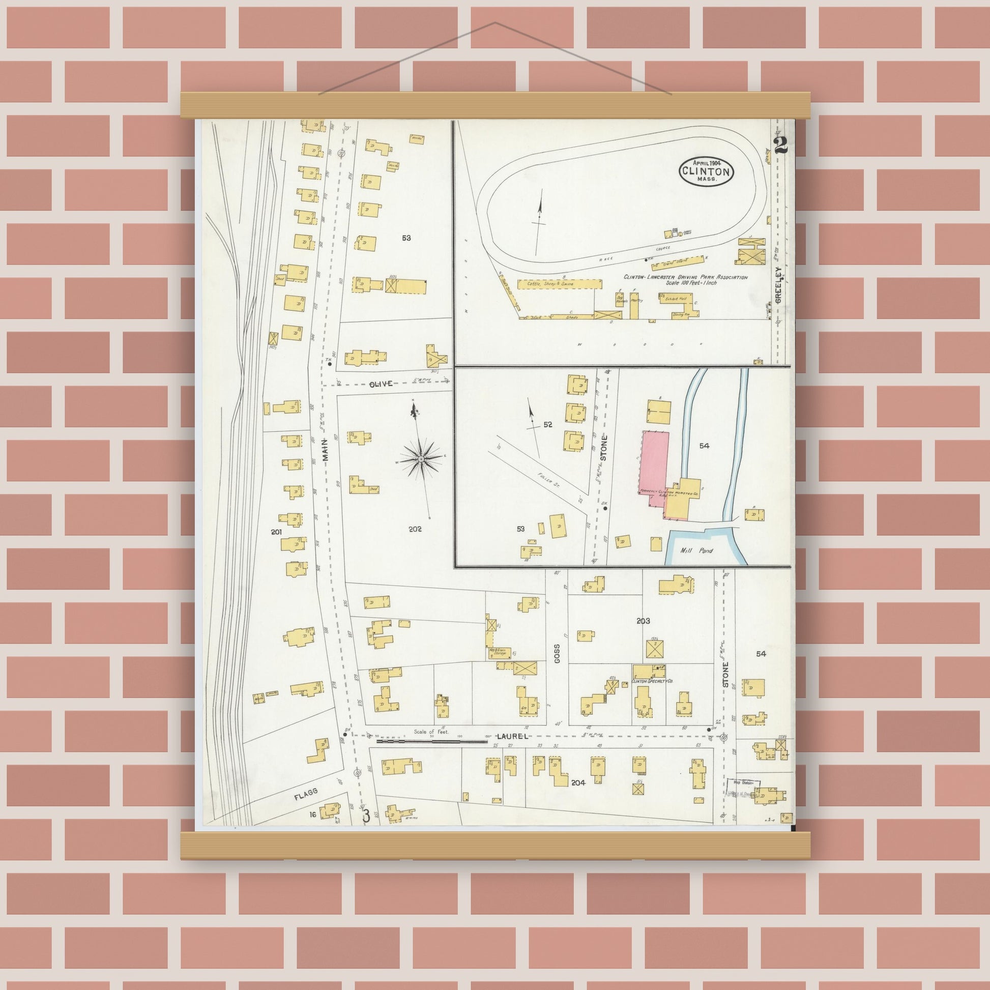 Old map wall art mockup — magnetic wood frame on brick wall — Sanborn Fire Insurance Map from Clinton, Worcester County, Massachusetts (1904), Sheet #0002