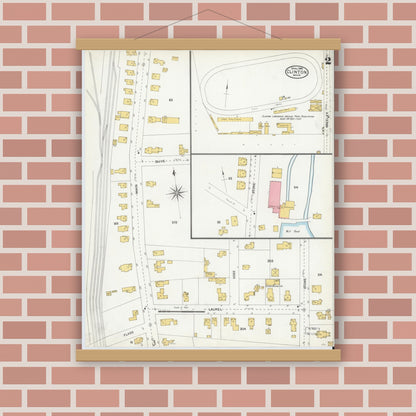 Old map wall art mockup — magnetic wood frame on brick wall — Sanborn Fire Insurance Map from Clinton, Worcester County, Massachusetts (1904), Sheet #0002