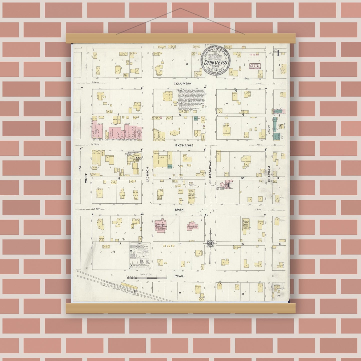 Old map wall art mockup — magnetic wood frame on brick wall — Sanborn Fire Insurance Map from Danvers, McLean County, Illinois (1910) - Complete Map Set
