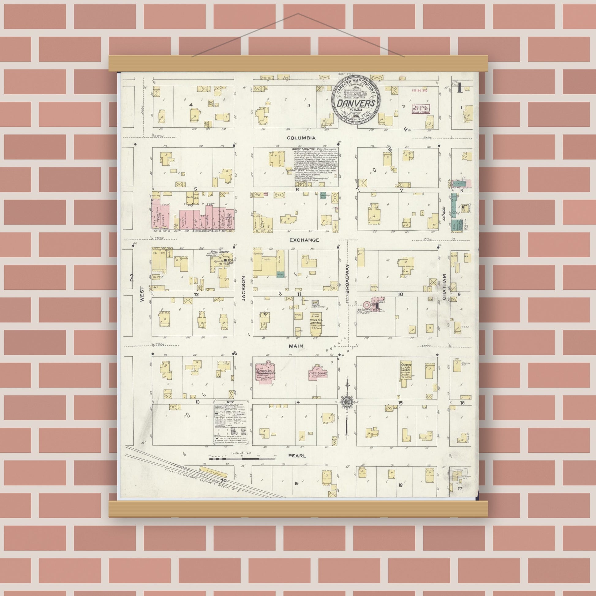 Old map wall art mockup — magnetic wood frame on brick wall — Sanborn Fire Insurance Map from Danvers, McLean County, Illinois (1910) - Complete Map Set
