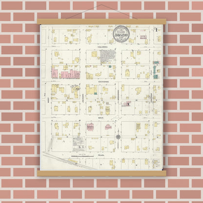 Old map wall art mockup — magnetic wood frame on brick wall — Sanborn Fire Insurance Map from Danvers, McLean County, Illinois (1910) - Complete Map Set