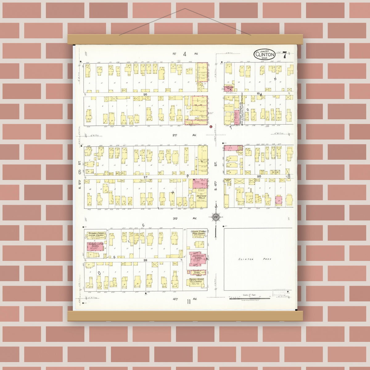Old map wall art mockup — magnetic wood frame on brick wall — Sanborn Fire Insurance Map from Clinton, Clinton County, Iowa (1917), Sheet #0007