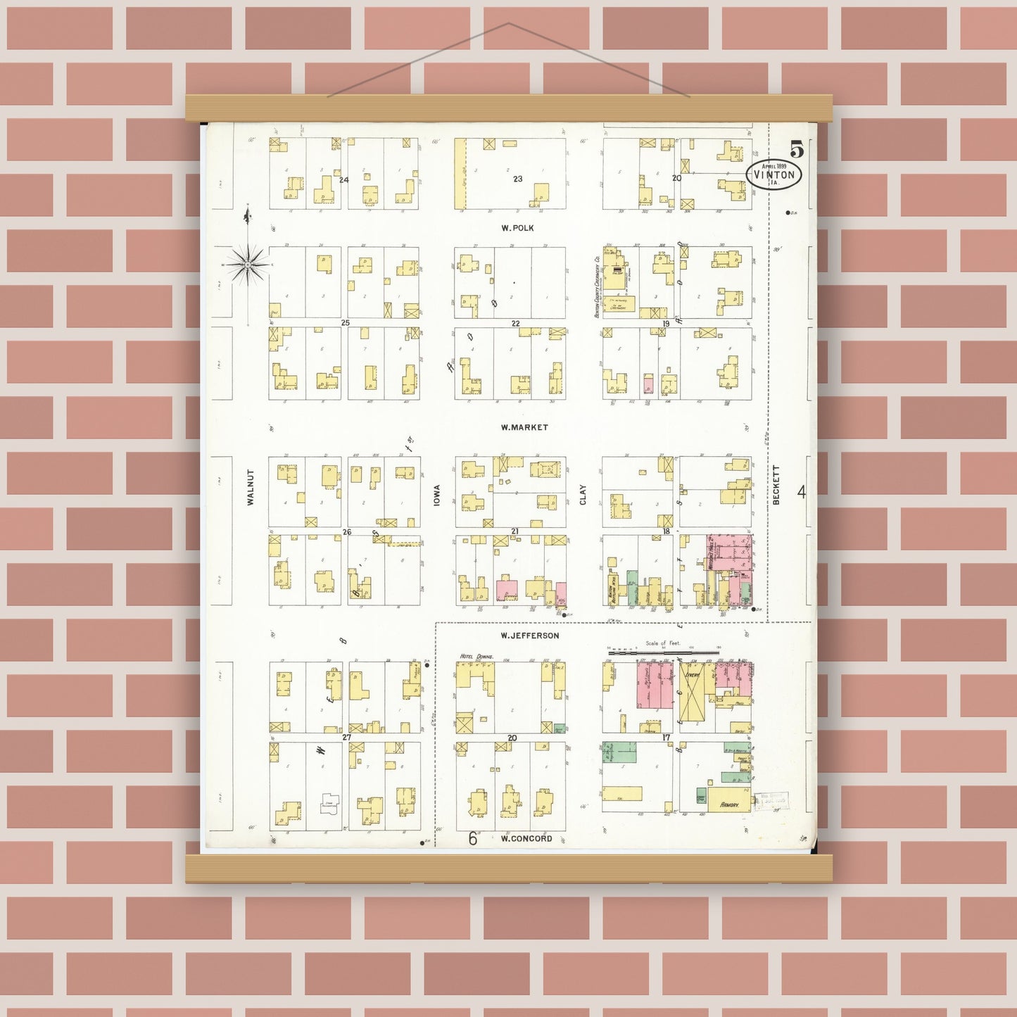 Old map wall art mockup — magnetic wood frame on brick wall — Sanborn Fire Insurance Map from Vinton, Benton County, Iowa (1899), Sheet #0005