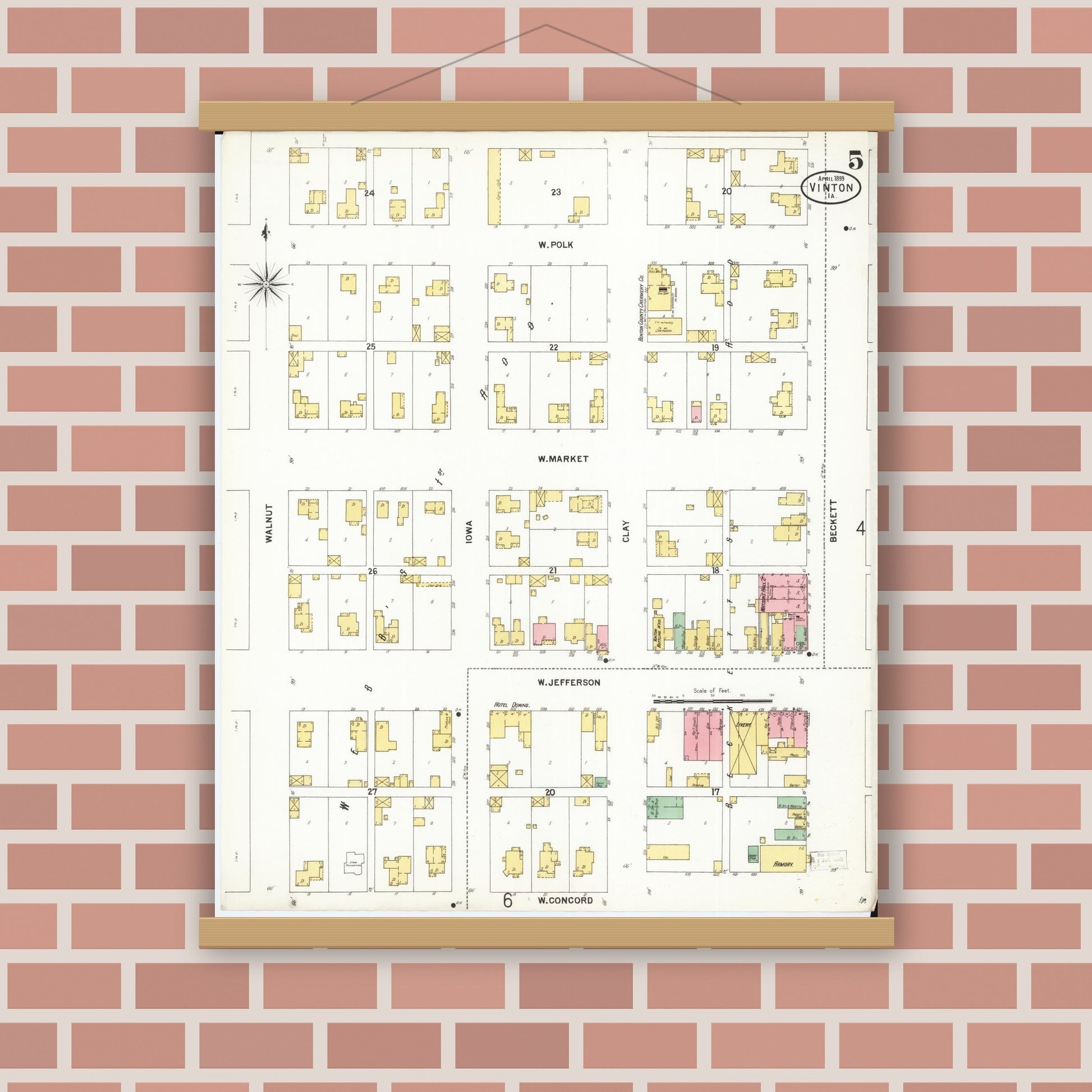 Old map wall art mockup — magnetic wood frame on brick wall — Sanborn Fire Insurance Map from Vinton, Benton County, Iowa (1899), Sheet #0005