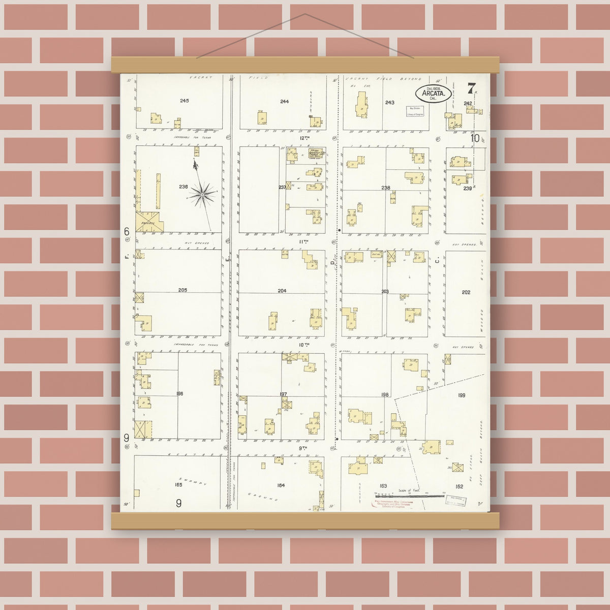 Old map wall art mockup — magnetic wood frame on brick wall — Sanborn Fire Insurance Map from Arcata, Humboldt County, California (1908), Sheet #0007