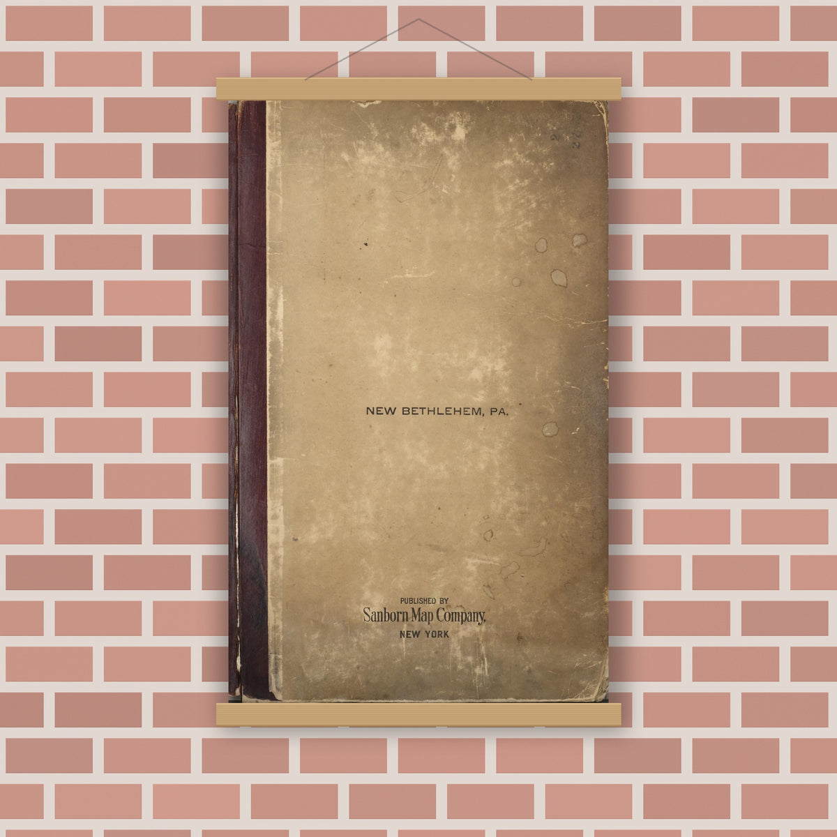 Old map wall art mockup — magnetic wood frame on brick wall — Sanborn Fire Insurance Map from New Bethlehem, Clarion County, Pennsylvania (1948), Sheet #0001