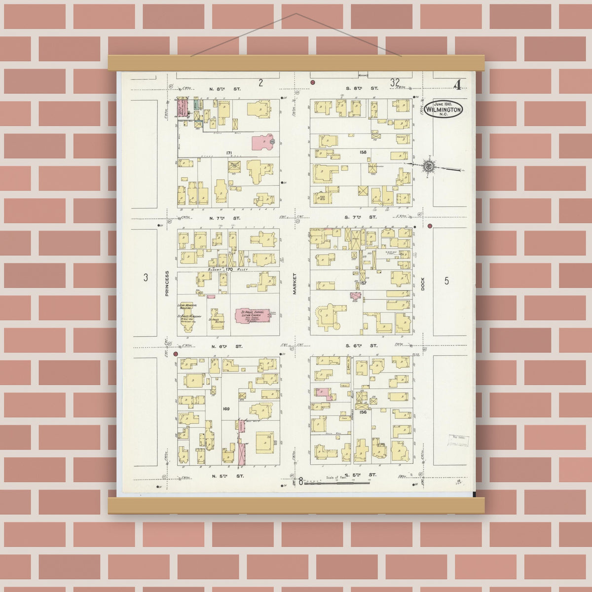 Old map wall art mockup — magnetic wood frame on brick wall — Sanborn Fire Insurance Map from Wilmington, New Hanover County, North Carolina (1910), Sheet #0004