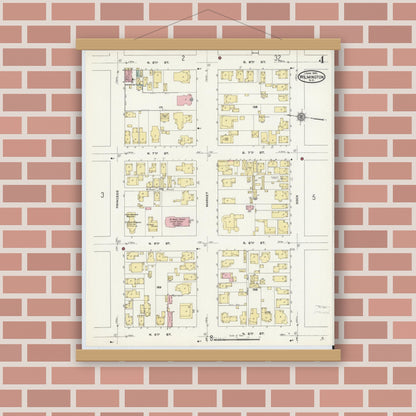 Old map wall art mockup — magnetic wood frame on brick wall — Sanborn Fire Insurance Map from Wilmington, New Hanover County, North Carolina (1910), Sheet #0004