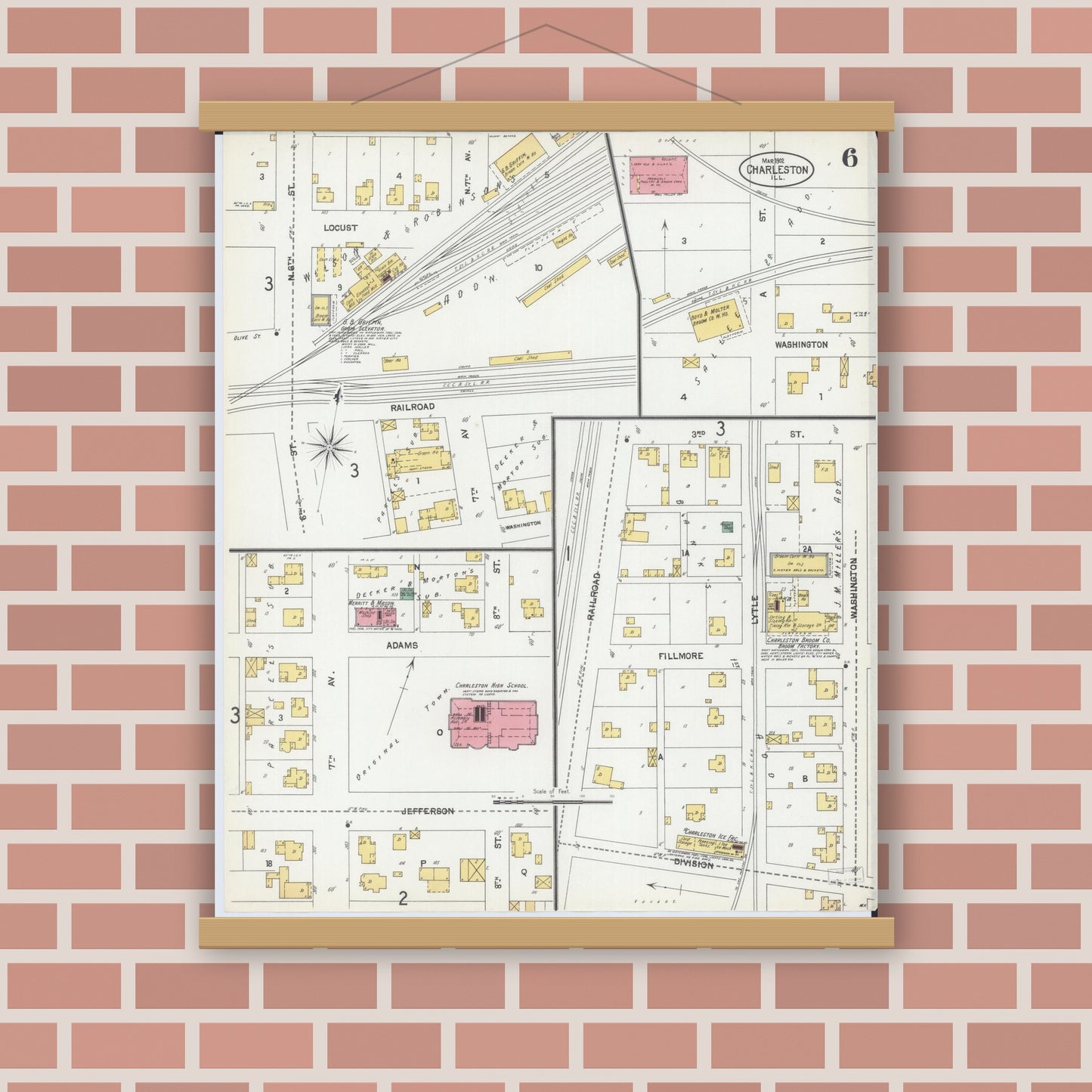 Old map wall art mockup — magnetic wood frame on brick wall — Sanborn Fire Insurance Map from Charleston, Coles County, Illinois (1902), Sheet #0006