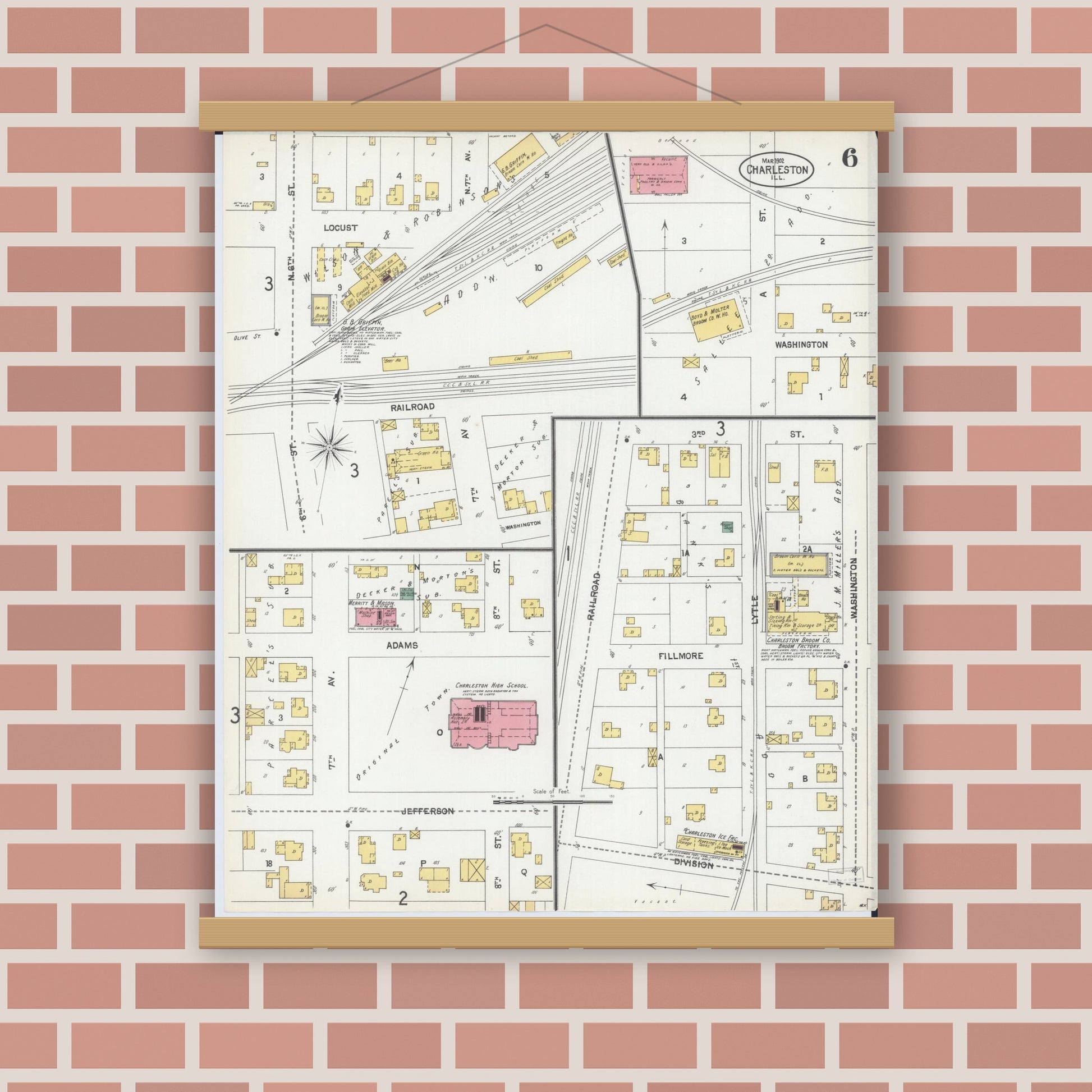 Old map wall art mockup — magnetic wood frame on brick wall — Sanborn Fire Insurance Map from Charleston, Coles County, Illinois (1902), Sheet #0006