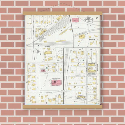 Old map wall art mockup — magnetic wood frame on brick wall — Sanborn Fire Insurance Map from Charleston, Coles County, Illinois (1902), Sheet #0006
