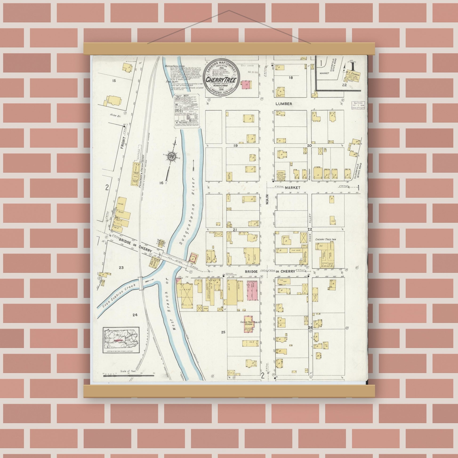Old map wall art mockup — magnetic wood frame on brick wall — Sanborn Fire Insurance Map from Cherry Tree, Indiana County, Pennsylvania (1916) - Complete Map Set