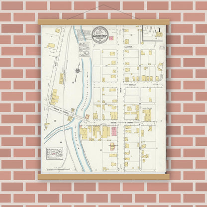 Old map wall art mockup — magnetic wood frame on brick wall — Sanborn Fire Insurance Map from Cherry Tree, Indiana County, Pennsylvania (1916) - Complete Map Set