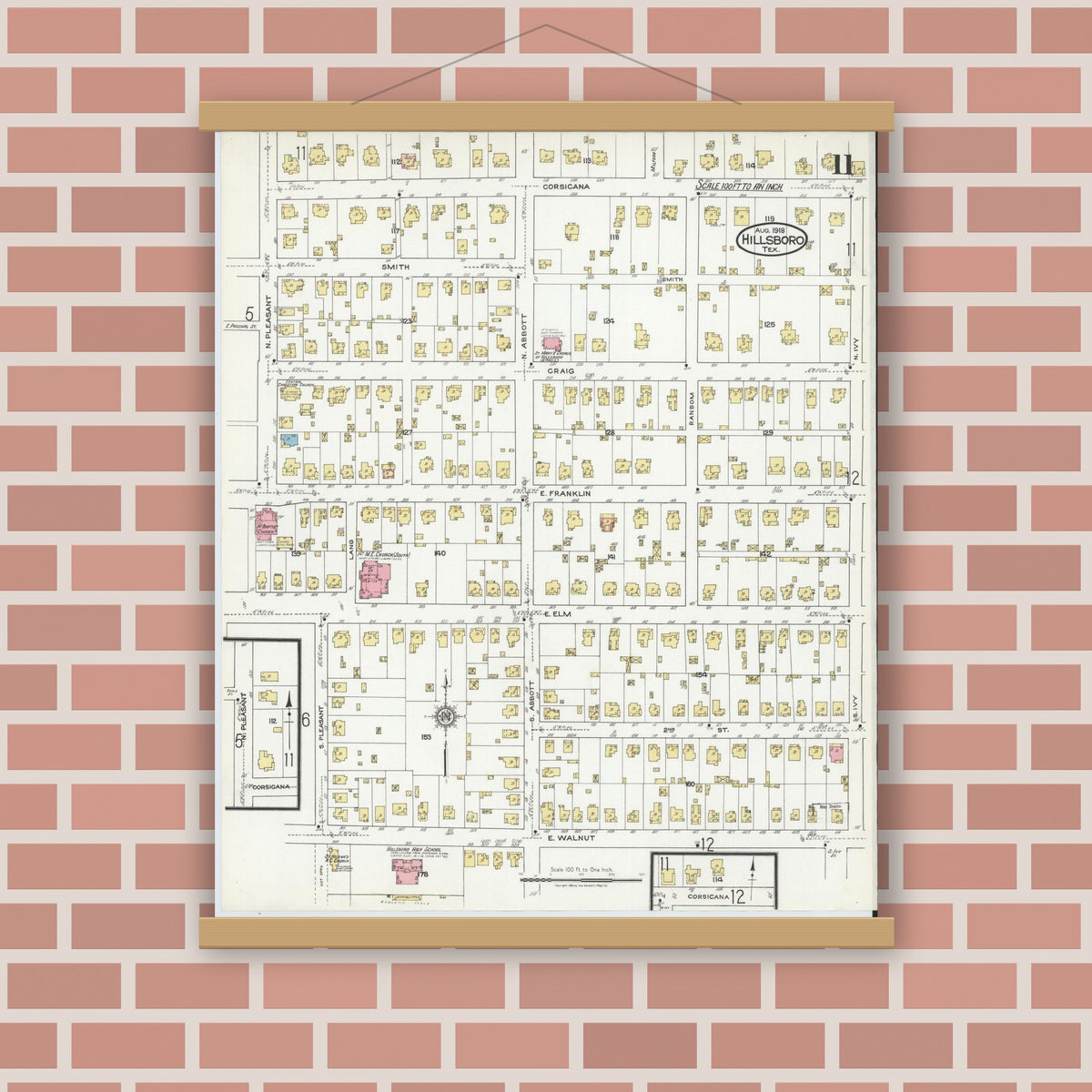 Old map wall art mockup — magnetic wood frame on brick wall — Sanborn Fire Insurance Map from Hillsboro, Hill County, Texas (1918), Sheet #0011