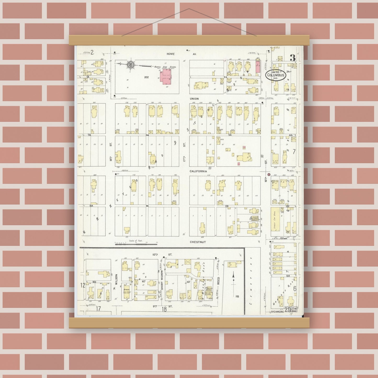 Old map wall art mockup — magnetic wood frame on brick wall — Sanborn Fire Insurance Map from Columbus, Bartholomew County, Indiana (1912), Sheet #0003