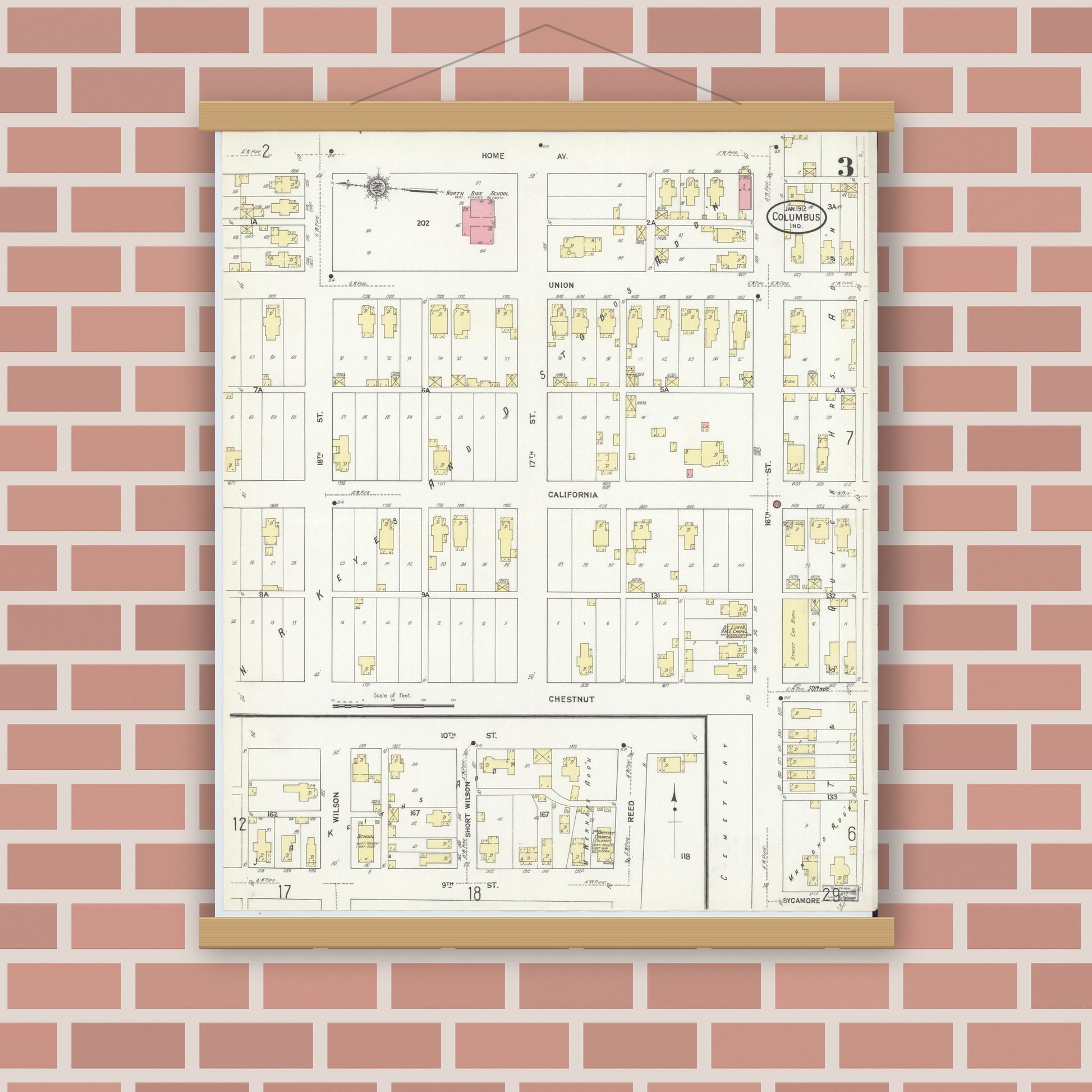 Old map wall art mockup — magnetic wood frame on brick wall — Sanborn Fire Insurance Map from Columbus, Bartholomew County, Indiana (1912), Sheet #0003