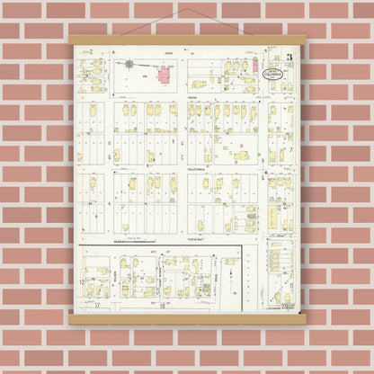 Old map wall art mockup — magnetic wood frame on brick wall — Sanborn Fire Insurance Map from Columbus, Bartholomew County, Indiana (1912), Sheet #0003