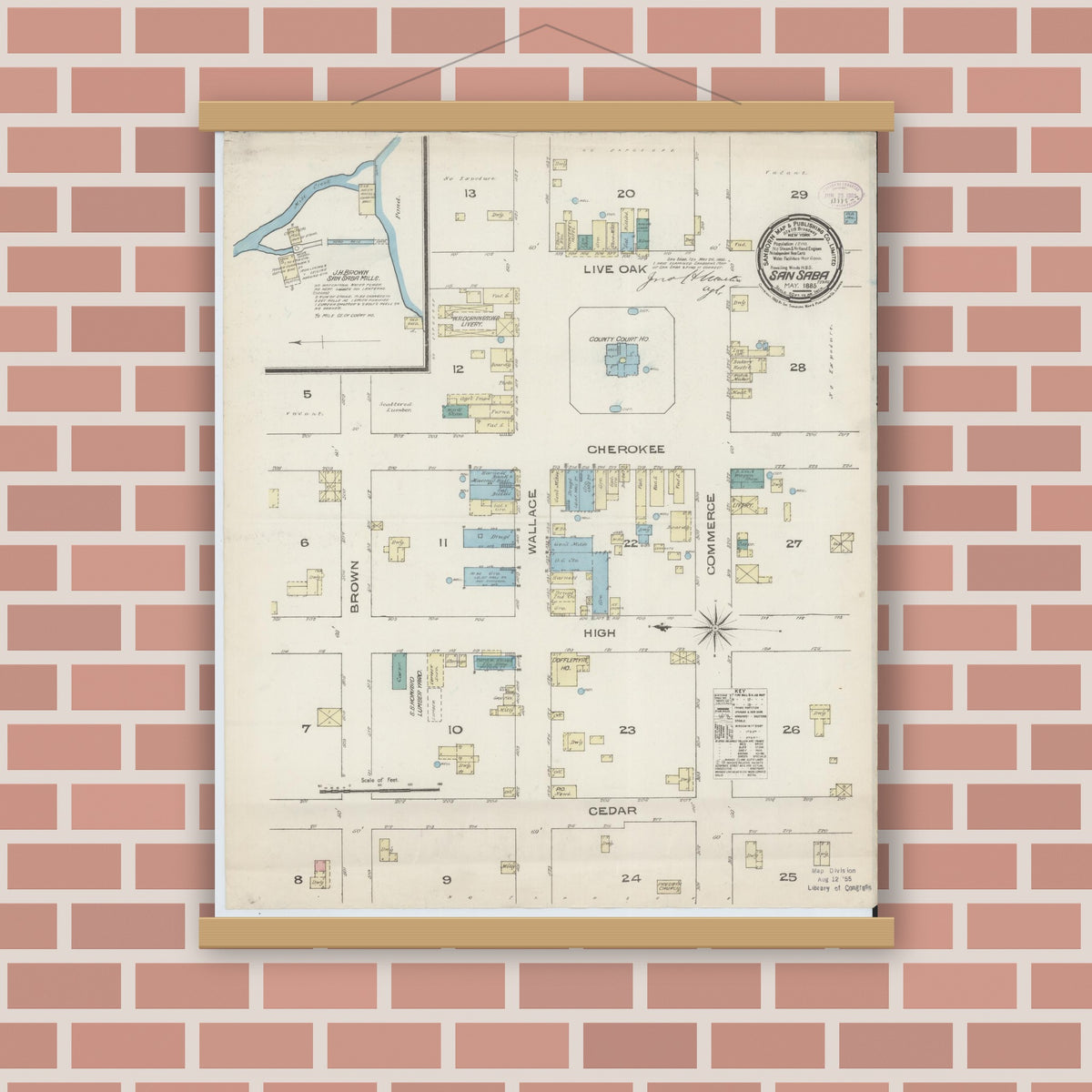 Old map wall art mockup — magnetic wood frame on brick wall — Sanborn Fire Insurance Map from San Saba, San Saba County, Texas (1885), Sheet #0001