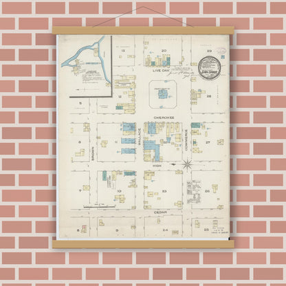 Old map wall art mockup — magnetic wood frame on brick wall — Sanborn Fire Insurance Map from San Saba, San Saba County, Texas (1885), Sheet #0001