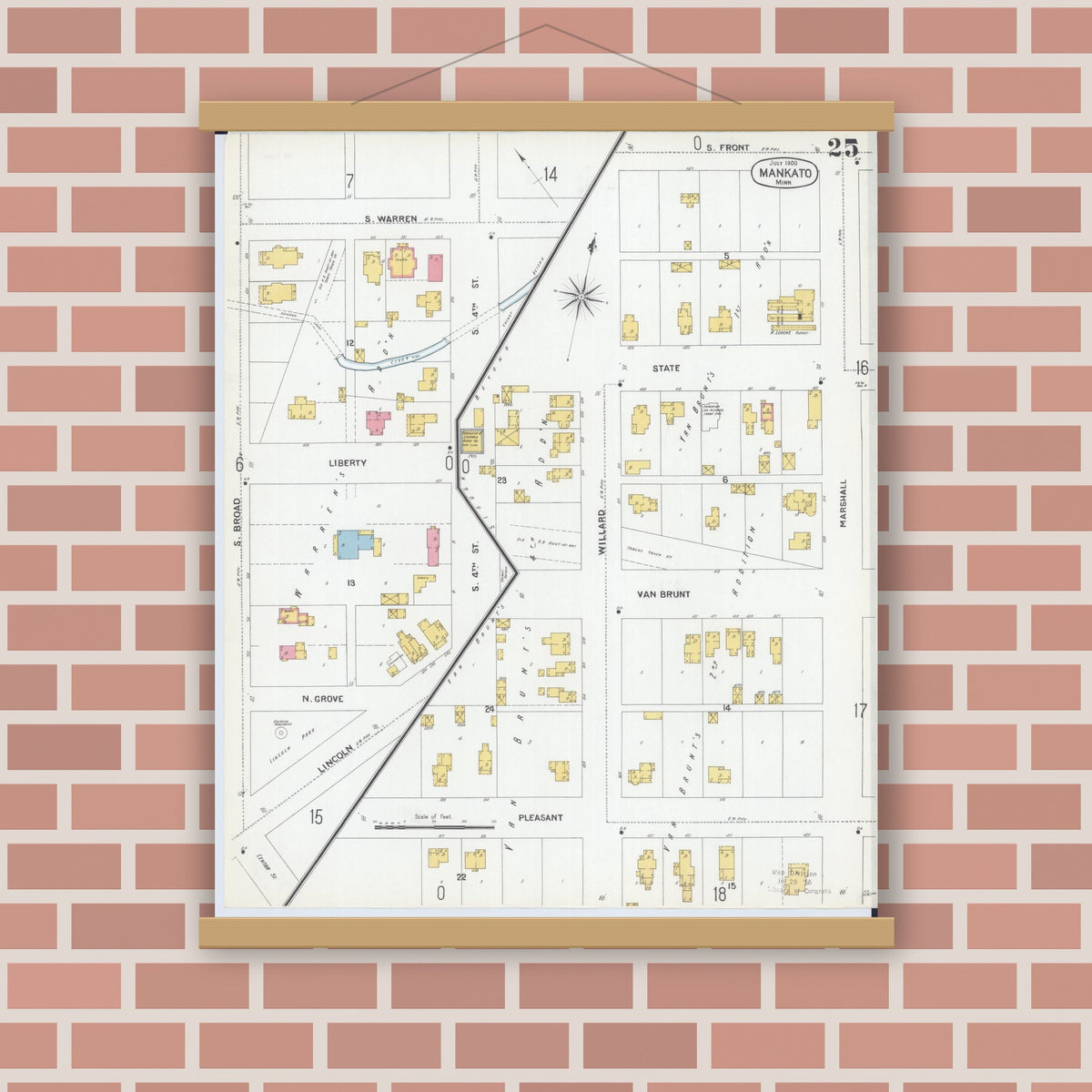 Old map wall art mockup — magnetic wood frame on brick wall — Sanborn Fire Insurance Map from Mankato, Blue Earth County, Minnesota (1900), Sheet #0025