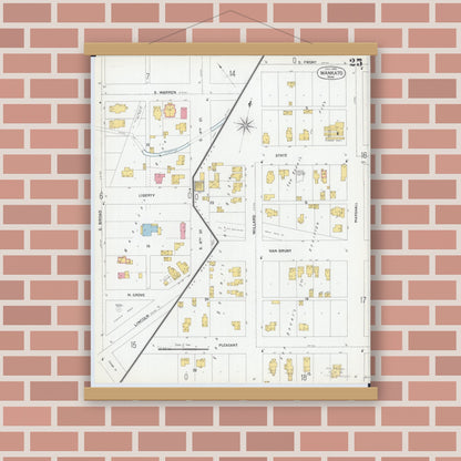 Old map wall art mockup — magnetic wood frame on brick wall — Sanborn Fire Insurance Map from Mankato, Blue Earth County, Minnesota (1900), Sheet #0025