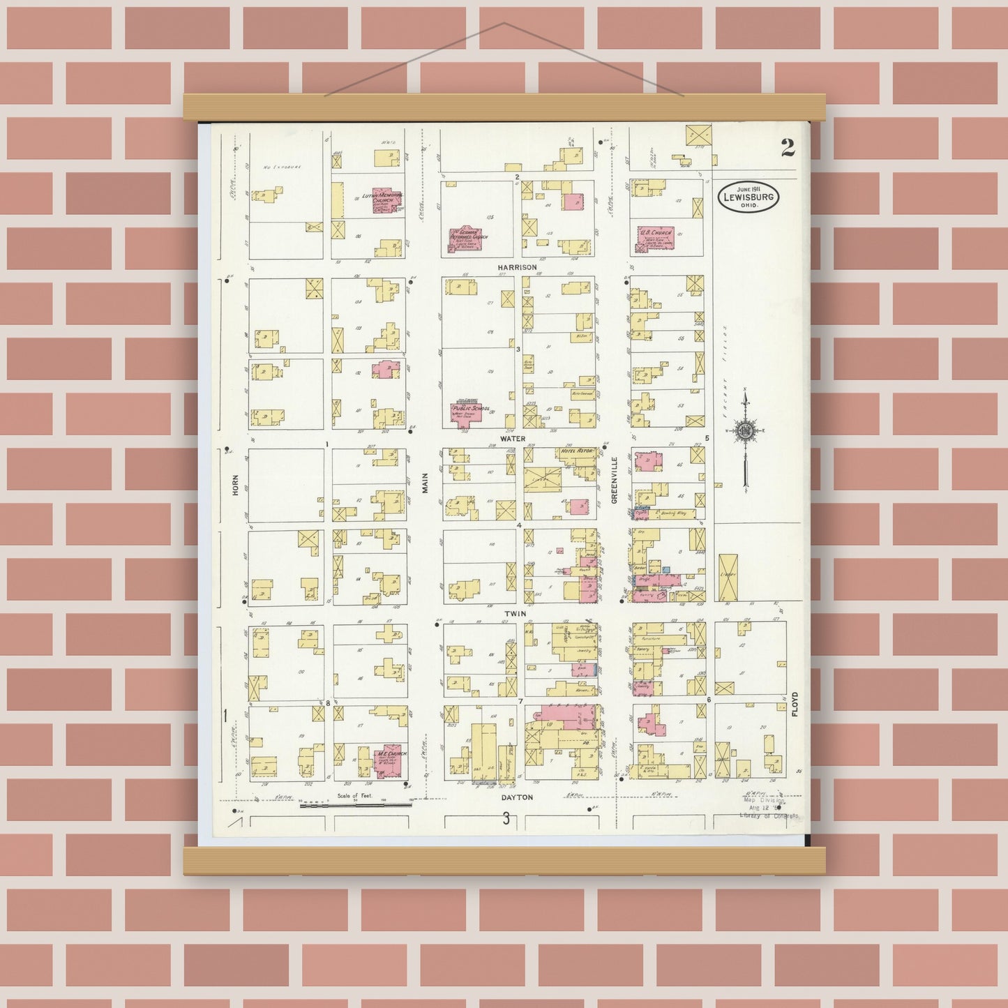 Old map wall art mockup — magnetic wood frame on brick wall — Sanborn Fire Insurance Map from Lewisburg, Preble County, Ohio (1911), Sheet #0002