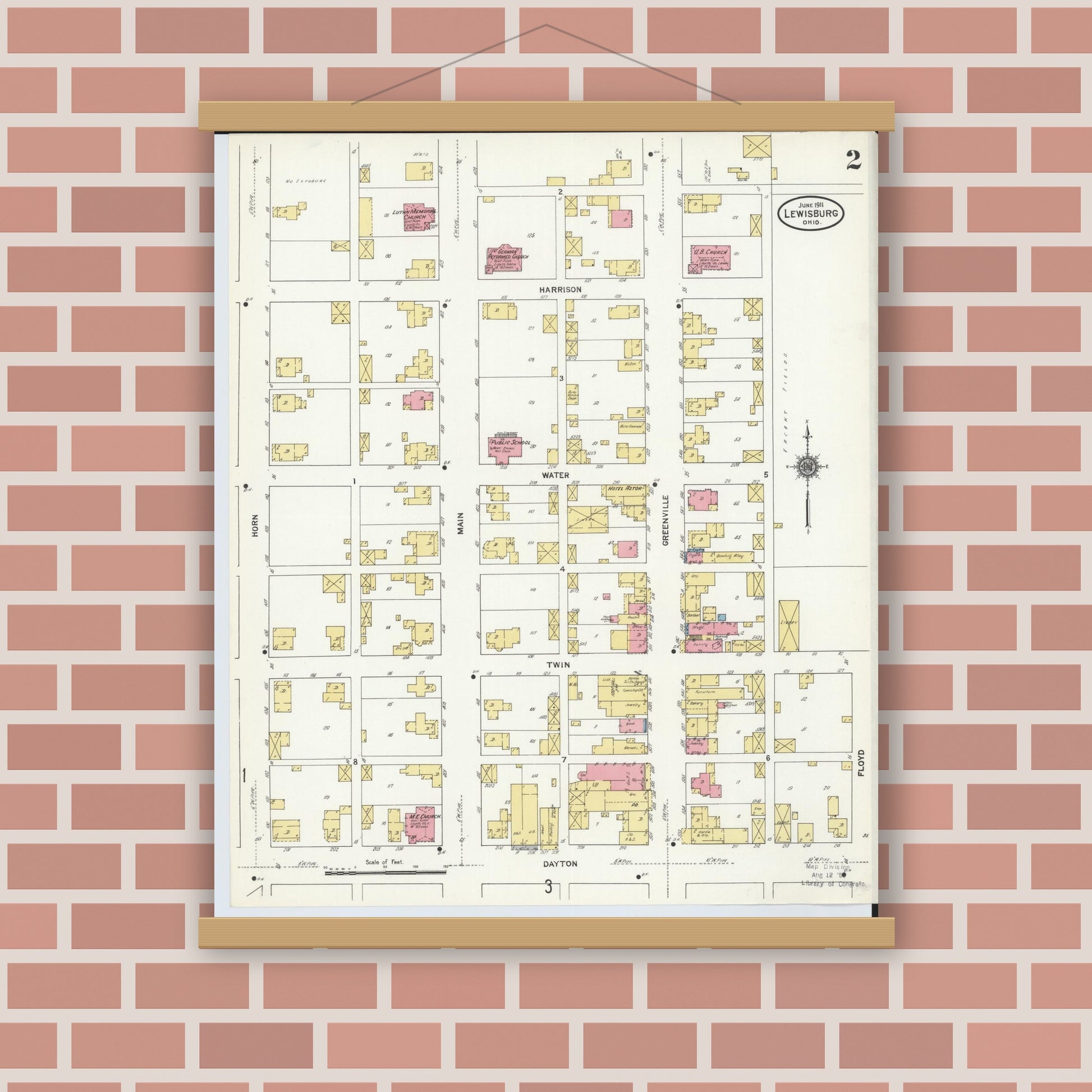Old map wall art mockup — magnetic wood frame on brick wall — Sanborn Fire Insurance Map from Lewisburg, Preble County, Ohio (1911), Sheet #0002