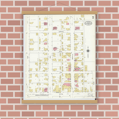 Old map wall art mockup — magnetic wood frame on brick wall — Sanborn Fire Insurance Map from Lewisburg, Preble County, Ohio (1911), Sheet #0002