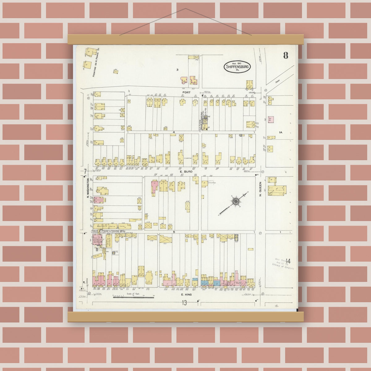 Old map wall art mockup — magnetic wood frame on brick wall — Sanborn Fire Insurance Map from Shippensburg, Cumberland And Franklin Counties, Pennsylvania (1910), Sheet #0008