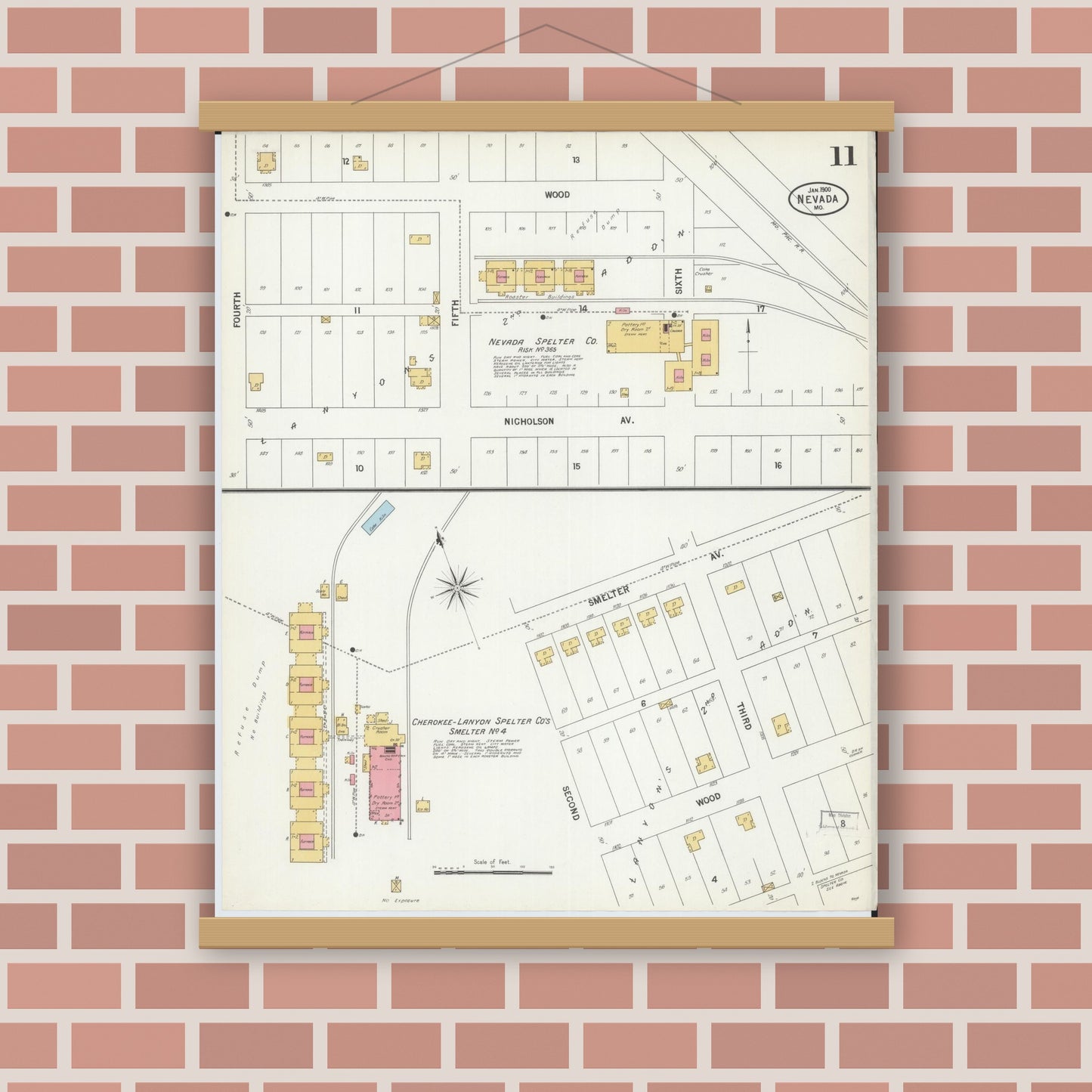 Old map wall art mockup — magnetic wood frame on brick wall — Sanborn Fire Insurance Map from Nevada, Vernon County, Missouri (1900), Sheet #0011