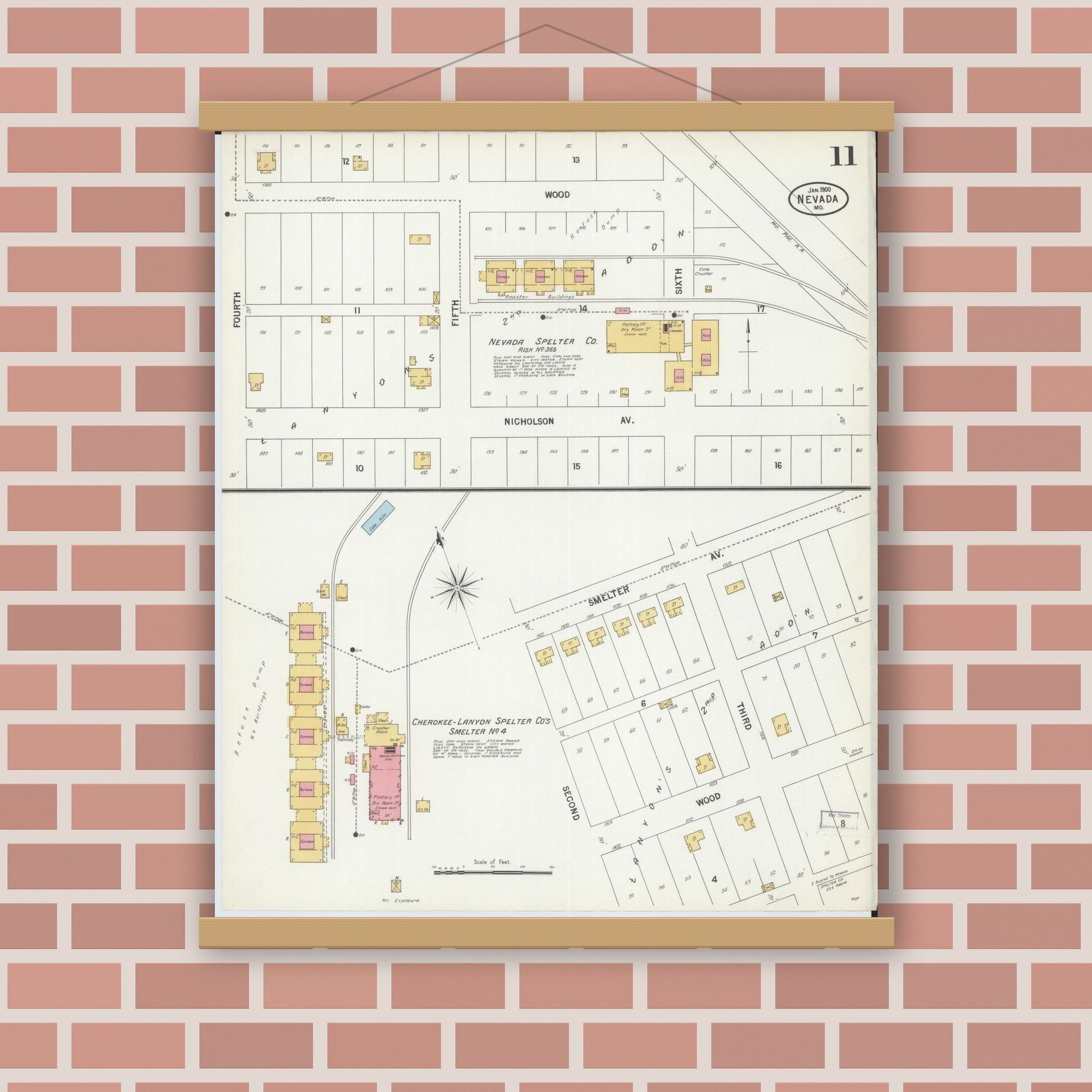 Old map wall art mockup — magnetic wood frame on brick wall — Sanborn Fire Insurance Map from Nevada, Vernon County, Missouri (1900), Sheet #0011