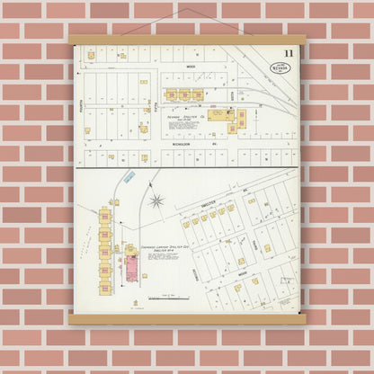 Old map wall art mockup — magnetic wood frame on brick wall — Sanborn Fire Insurance Map from Nevada, Vernon County, Missouri (1900), Sheet #0011