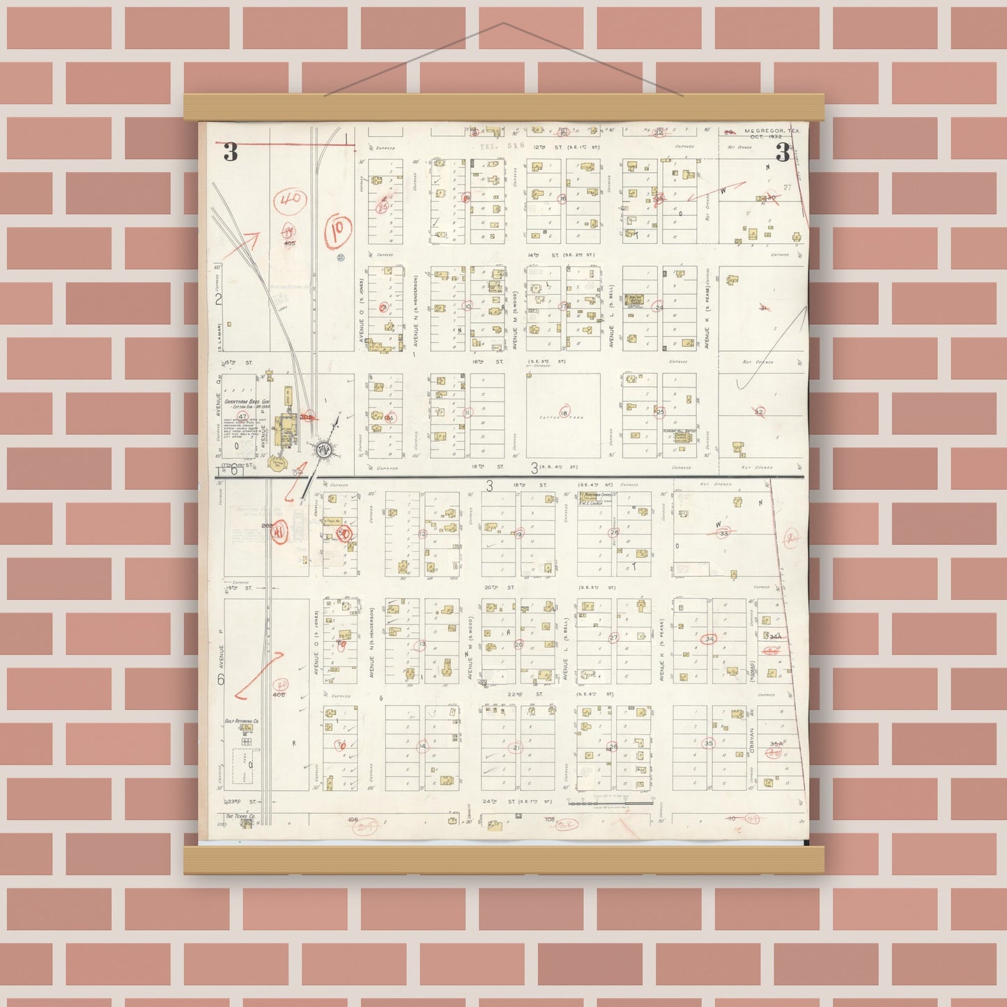 Old map wall art mockup — magnetic wood frame on brick wall — Sanborn Fire Insurance Map from McGregor, McLennan County, Texas (1942), Sheet #0003
