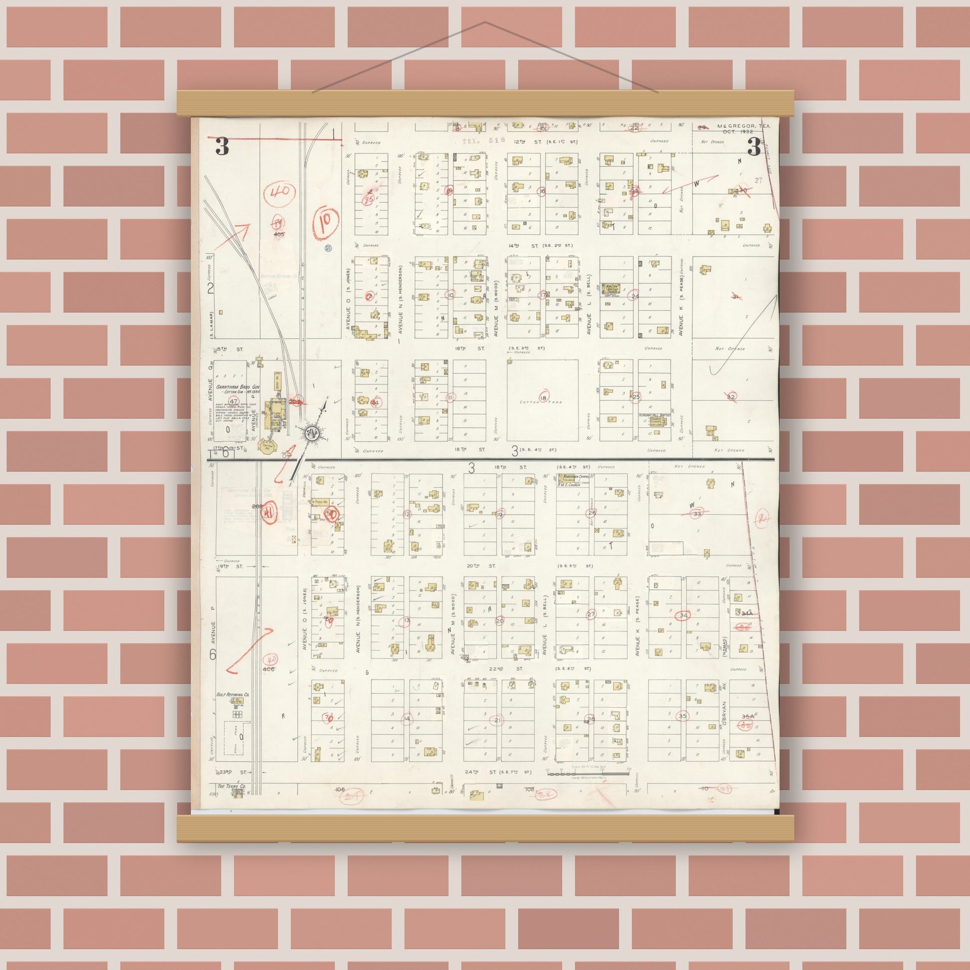 Old map wall art mockup — magnetic wood frame on brick wall — Sanborn Fire Insurance Map from McGregor, McLennan County, Texas (1942), Sheet #0003