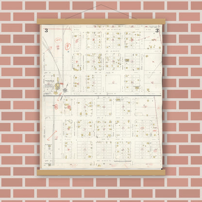 Old map wall art mockup — magnetic wood frame on brick wall — Sanborn Fire Insurance Map from McGregor, McLennan County, Texas (1942), Sheet #0003