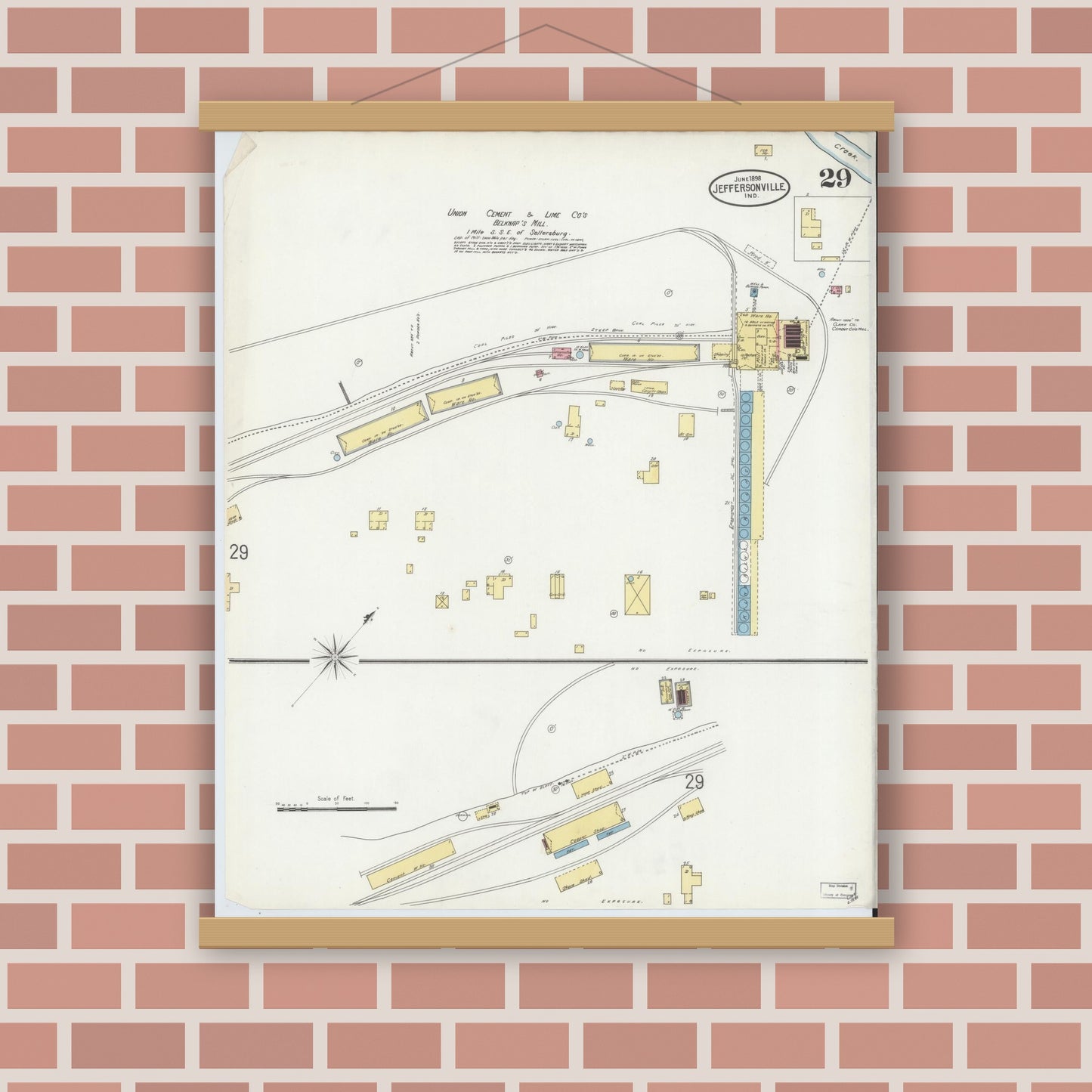 Old map wall art mockup — magnetic wood frame on brick wall — Sanborn Fire Insurance Map from Jeffersonville, Clark County, Indiana (1898), Sheet #0029