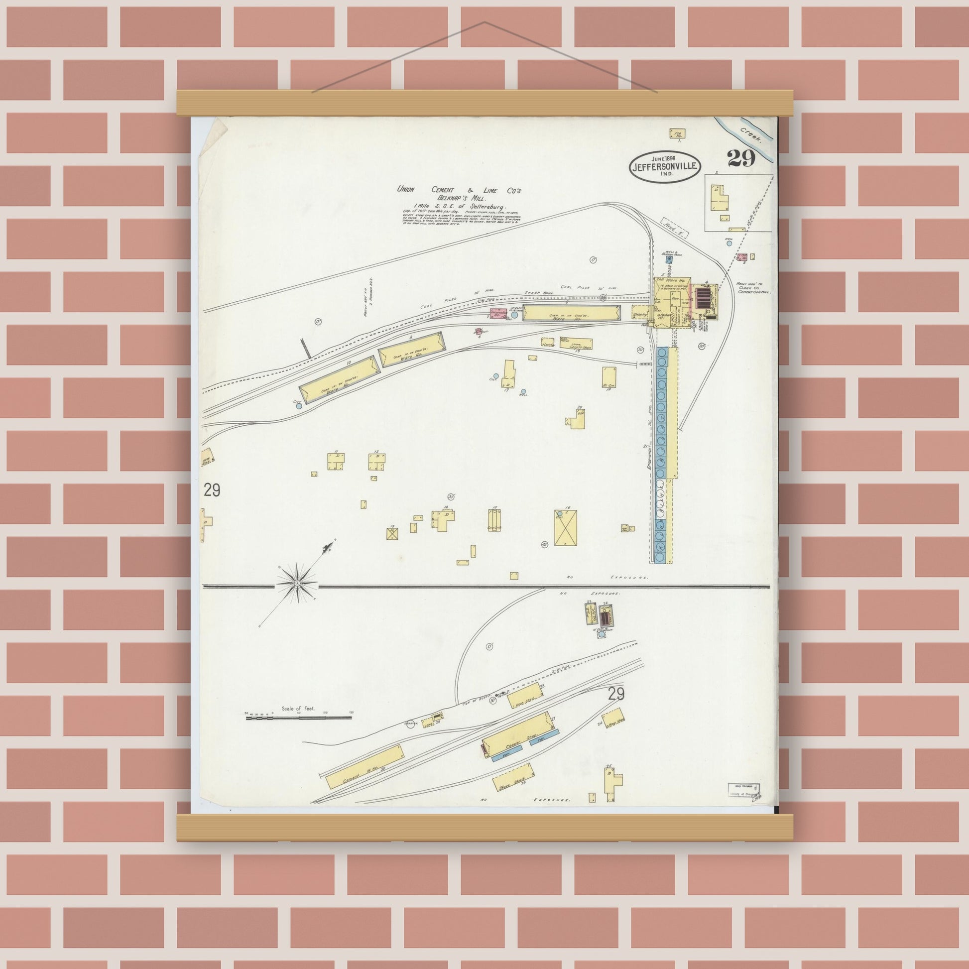 Old map wall art mockup — magnetic wood frame on brick wall — Sanborn Fire Insurance Map from Jeffersonville, Clark County, Indiana (1898), Sheet #0029
