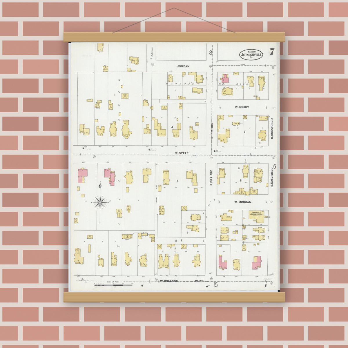 Old map wall art mockup — magnetic wood frame on brick wall — Sanborn Fire Insurance Map from Jacksonville, Morgan County, Illinois (1899), Sheet #0007