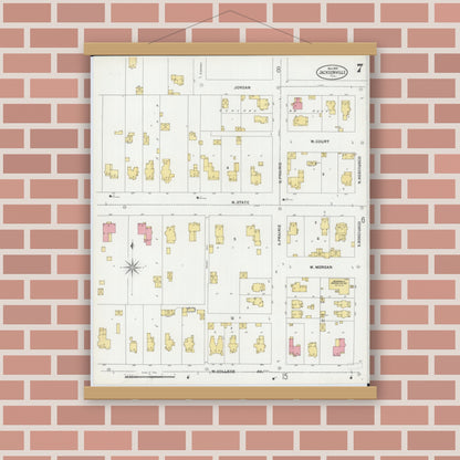 Old map wall art mockup — magnetic wood frame on brick wall — Sanborn Fire Insurance Map from Jacksonville, Morgan County, Illinois (1899), Sheet #0007