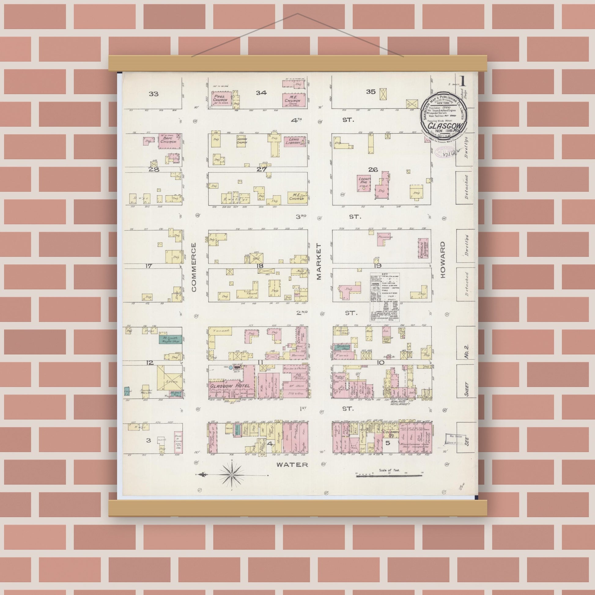 Old map wall art mockup — magnetic wood frame on brick wall — Sanborn Fire Insurance Map from Glasgow, Howard County, Missouri (1885) - Complete Map Set