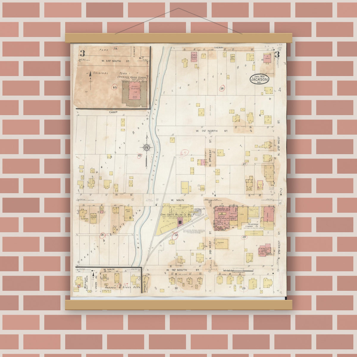 Old map wall art mockup — magnetic wood frame on brick wall — Sanborn Fire Insurance Map from Jackson, Cape Girardeau County, Missouri (1941), Sheet #0003
