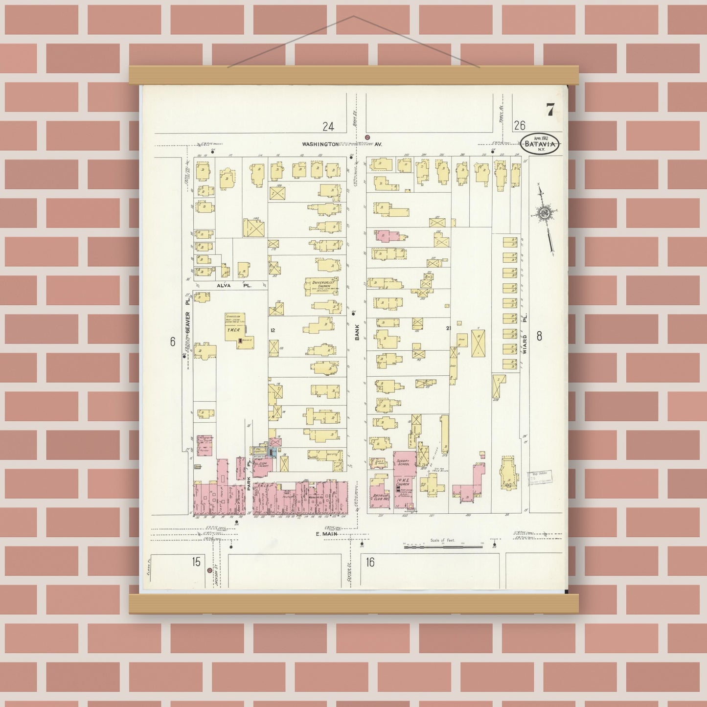 Old map wall art mockup — magnetic wood frame on brick wall — Sanborn Fire Insurance Map from Batavia, Genesee County, New York (1912), Sheet #0007