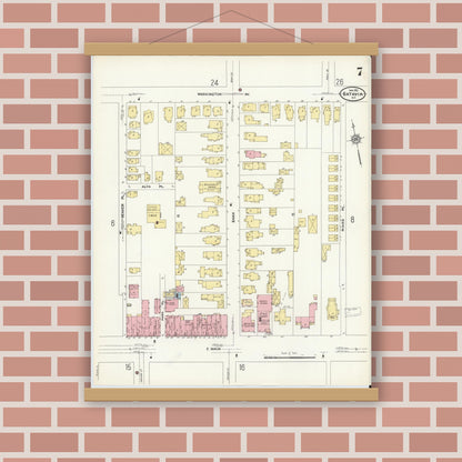 Old map wall art mockup — magnetic wood frame on brick wall — Sanborn Fire Insurance Map from Batavia, Genesee County, New York (1912), Sheet #0007